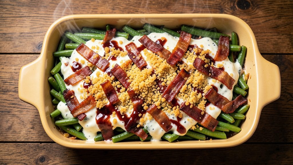 BBQ Green Bean Casserole Recipe: Smoky Bacon Crunch Over Creamy Mushroom Sauce